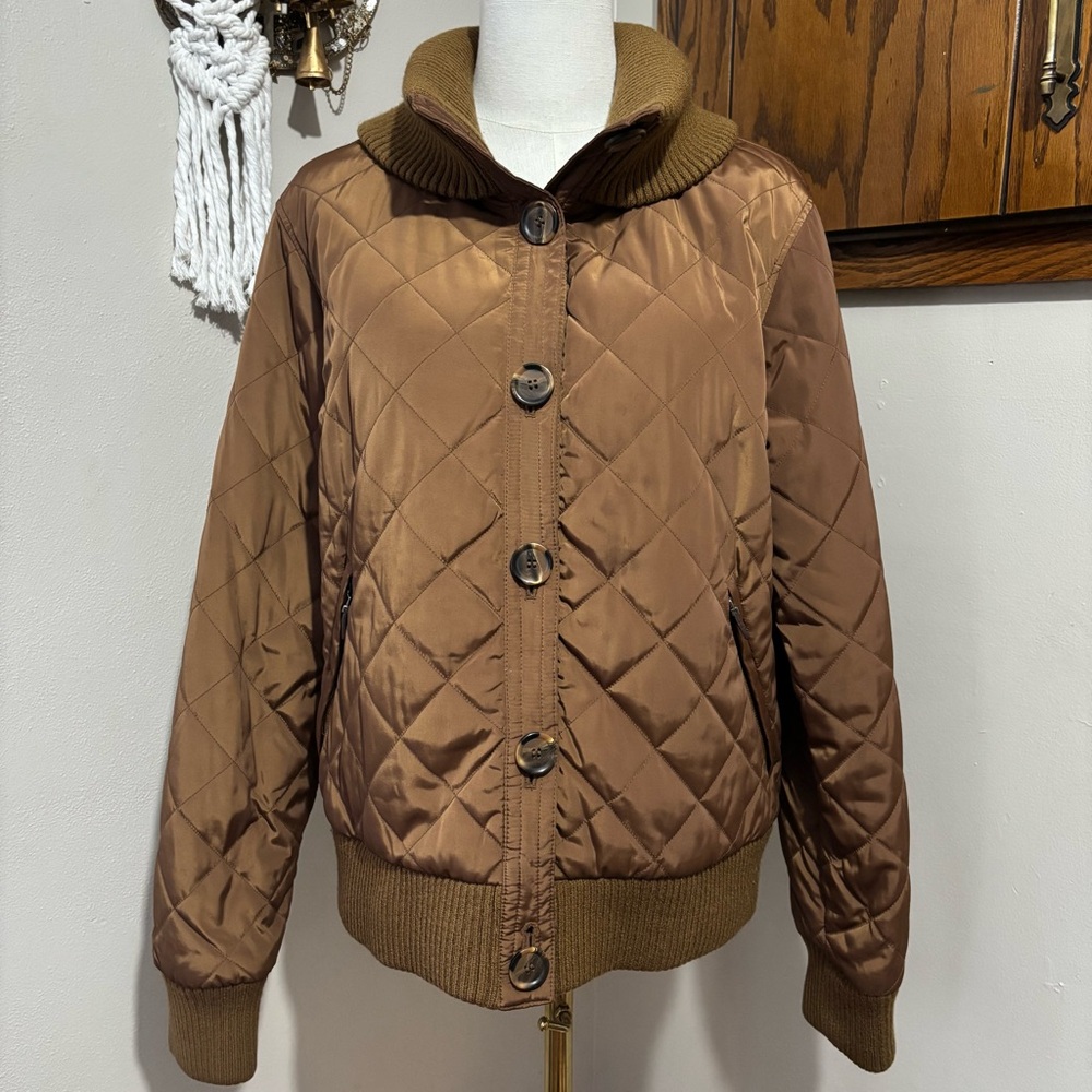 Vtg Brown Quilted Button Up Lightweight Bomber Puffer Jacket Size Large